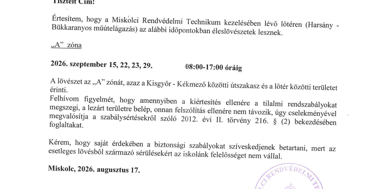 Értesítés lövészetről