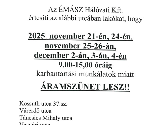 Értesítés Áramszünetről