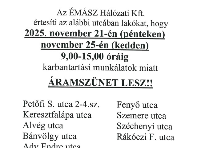 Értesítés Áramszünetről