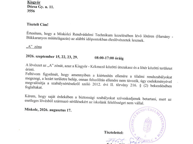 Értesítés lövészetről